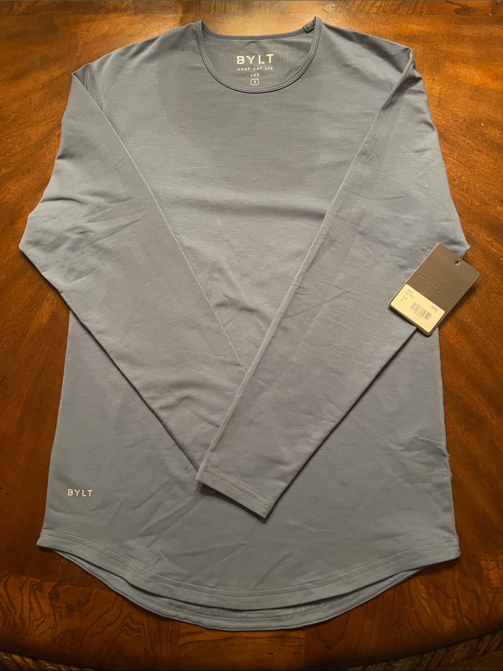 BYLT Basics Long-Sleeve Crew in Slate Blue featuring their curve drop hem